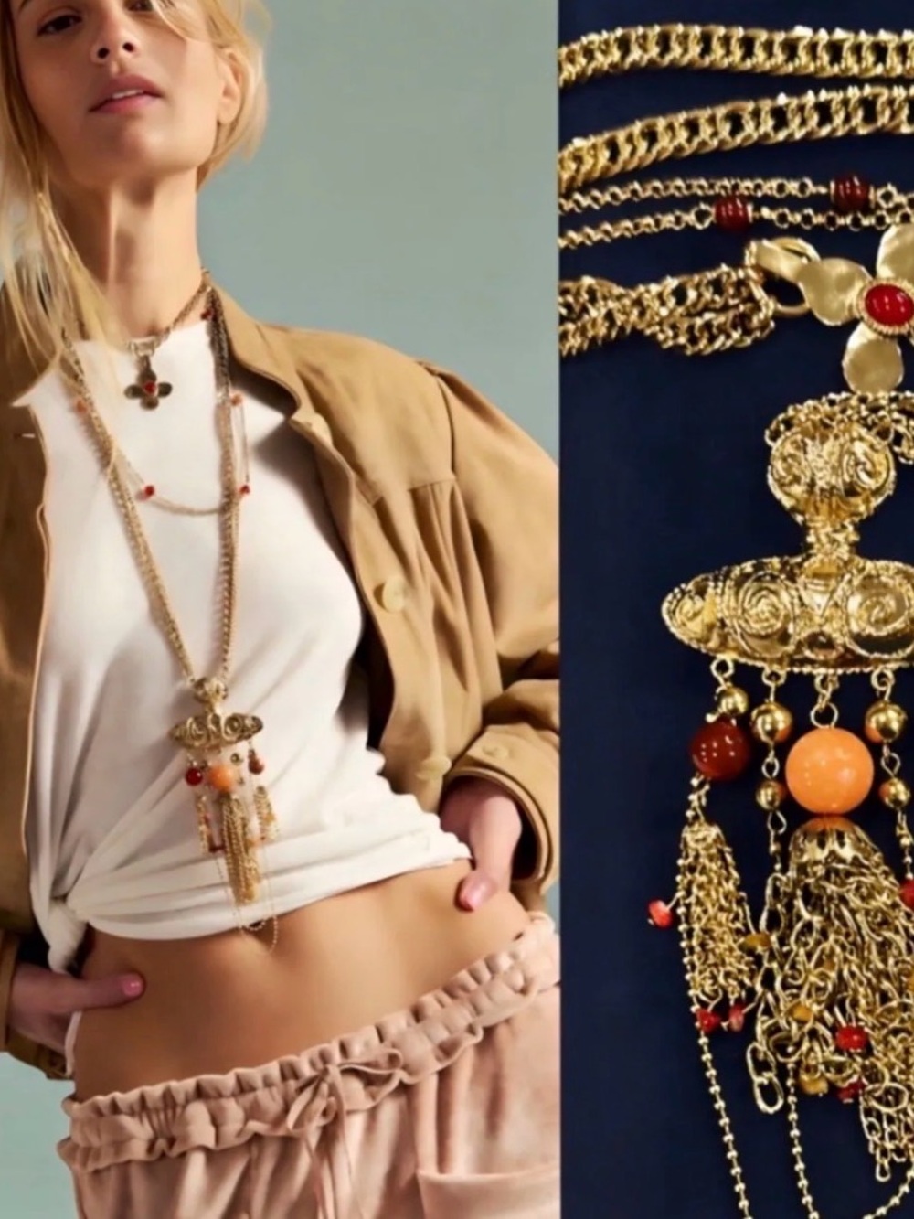 Free People layered Gold-Tone Bohemian Tassel Pendant Necklace with Orange Beads